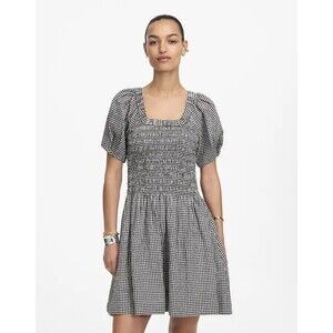MADEWELL Smocked U-Neck Mini Dress XXS Gingham Black White Puff Sleeve B87